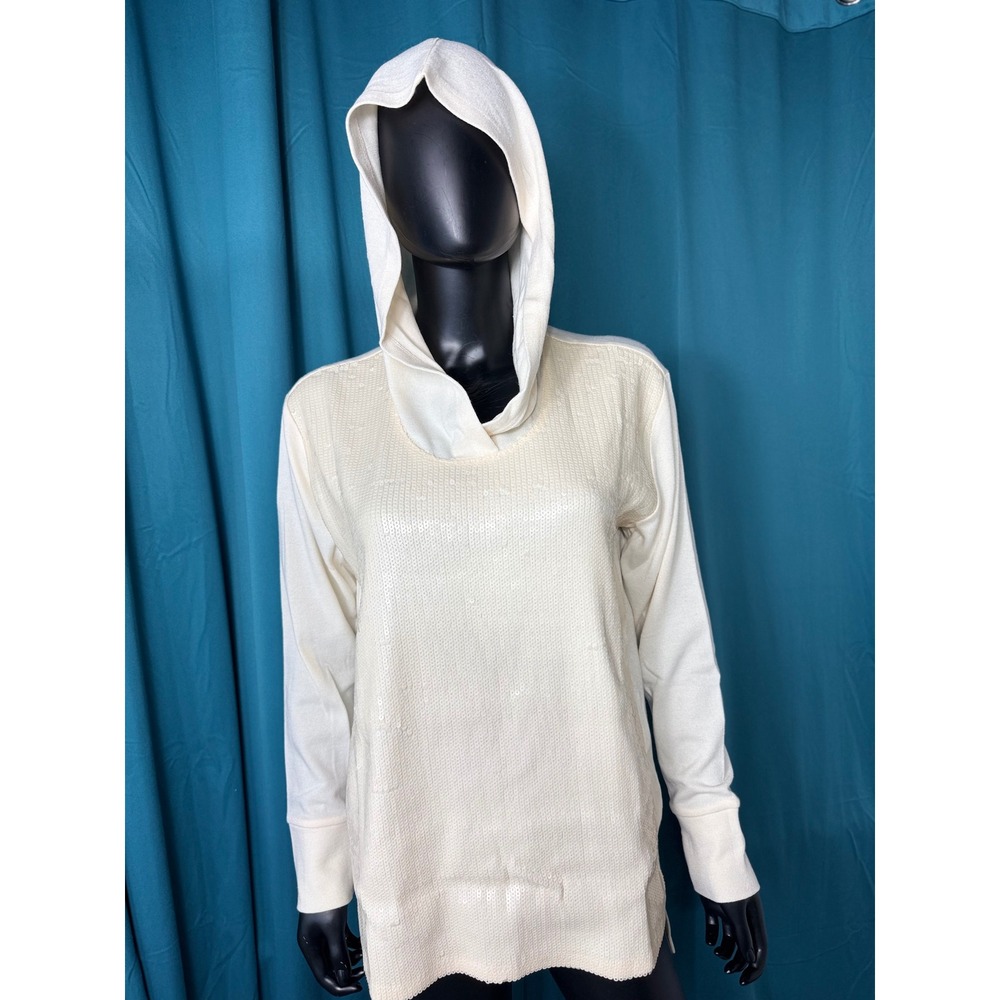 Colleen Lopez Cream Sequin Front Hoodie Long Sleeve Knit Top Ivory Medium